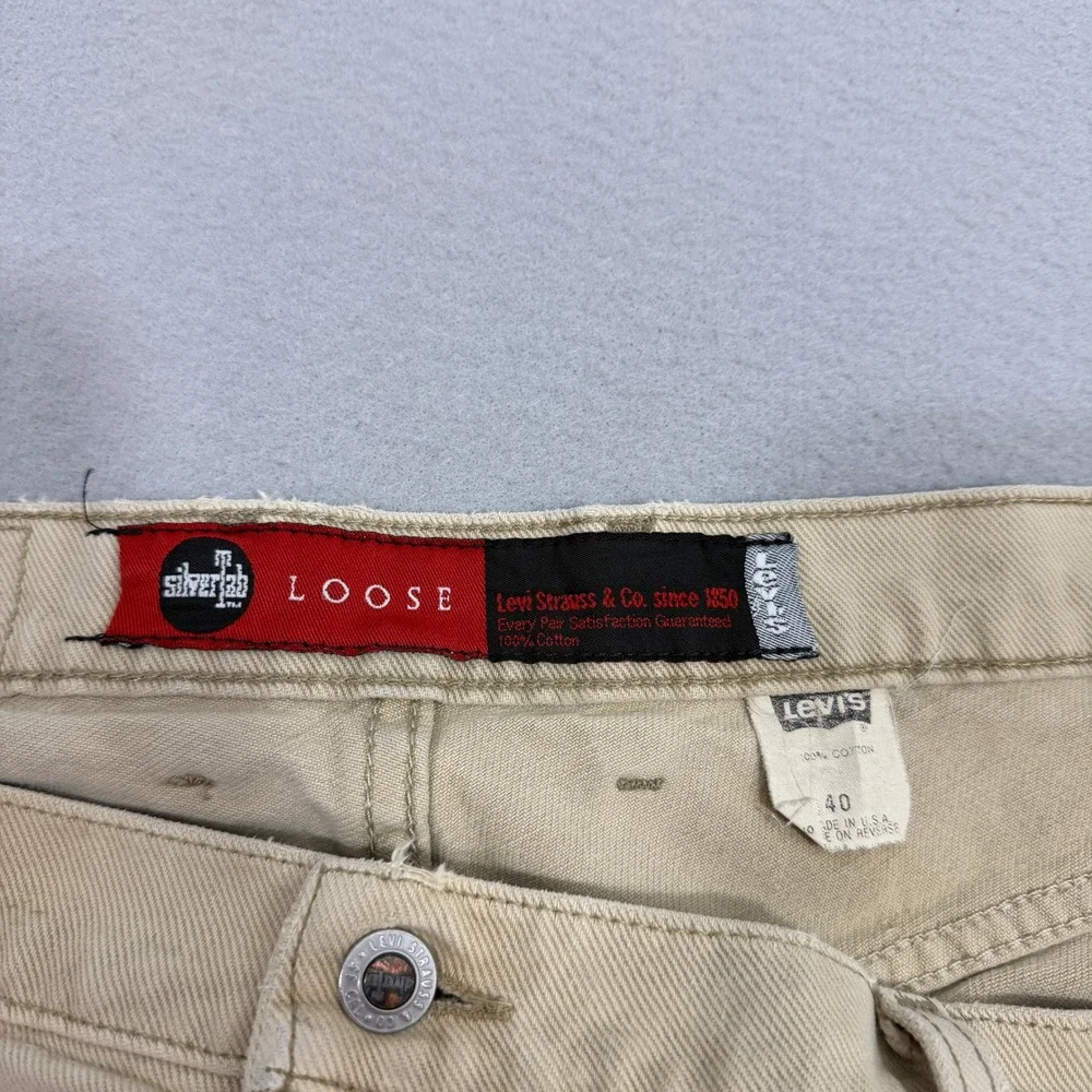 Vintage 90s Levis Silvertab Loose Denim Shorts 40 Baggy Beige Khaki Made in USA